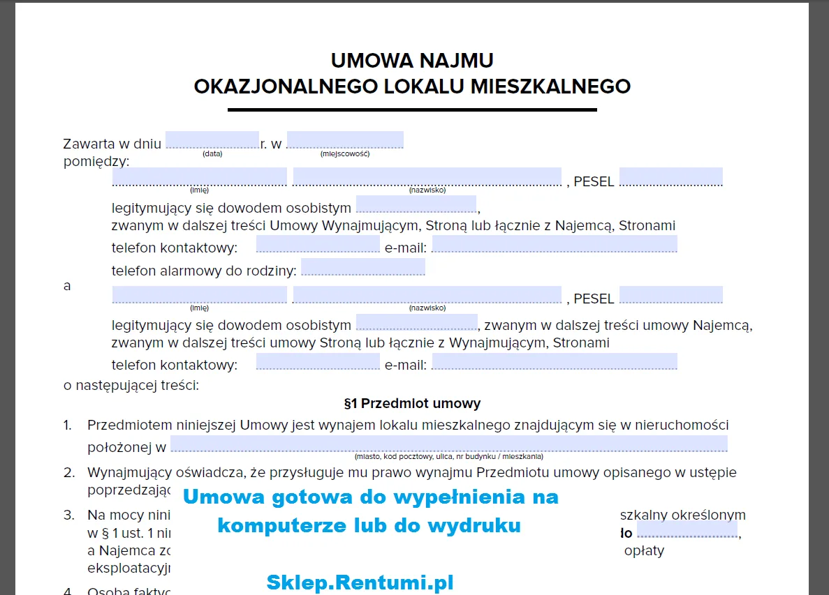 Wzór umowy najmu okazjonalnego w PDF